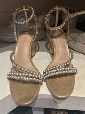ANTONIO MELANI Champagne Satin Crystal-Strap Block Heels